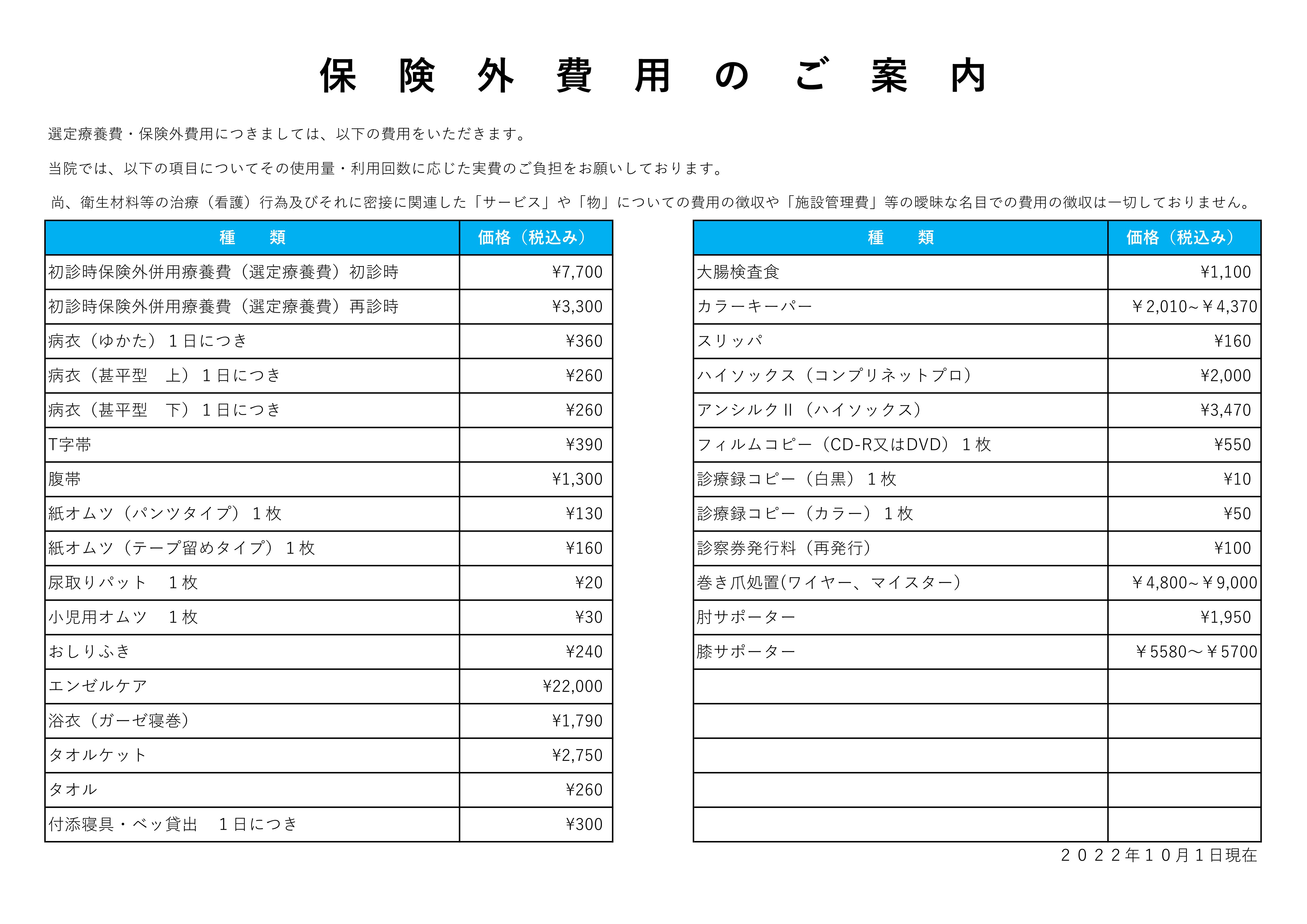 保険外費用のご案内